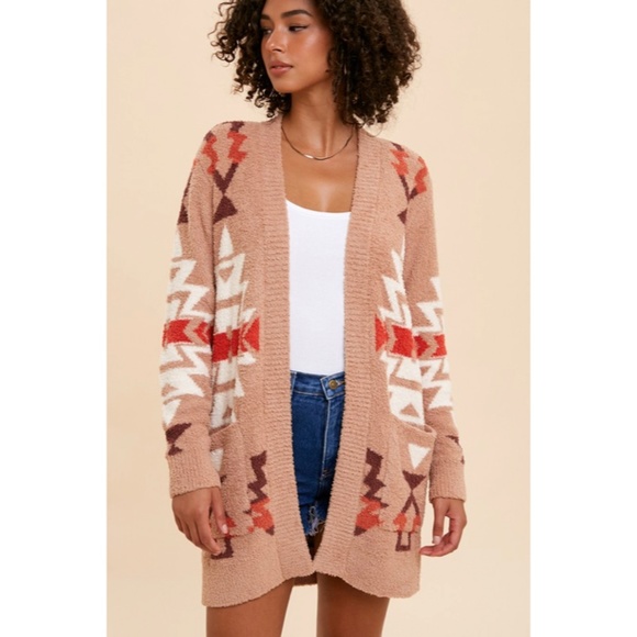 SOLD OUT Sand Multi Color Aztec Tribal Fuzzy Soft Knit Cardigan Sweater - Picture 4 of 11